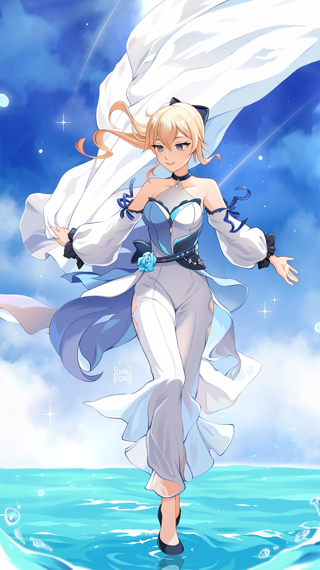 1girl adapted_costume bare_shoulders blonde_hair blue_eyes blue_sky bow breasts chalkori detached_sleeves genshin_impact hair_between_eyes hair_bow highres jean_(genshin_impact) jean_(sea_breeze_dandelion)_(genshin_impact) long_hair looking_at_viewer official_alternate_costume open_mouth outdoors pants ponytail sidelocks sky smile water