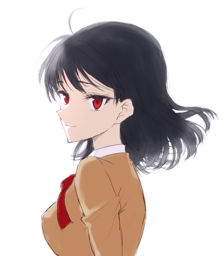 1girl ahoge black_hair blazer bow bowtie breasts brown_jacket close-up closed_mouth collared_shirt commentary dress_shirt expressionless eyelashes floating_hair from_side jacket large_breasts light_smile looking_at_viewer looking_to_the_side medium_hair red_bow red_bowtie red_eyes sbs school_rumble school_uniform shirt simple_background sketch solo swept_bangs tsukamoto_yakumo upper_body white_background white_shirt