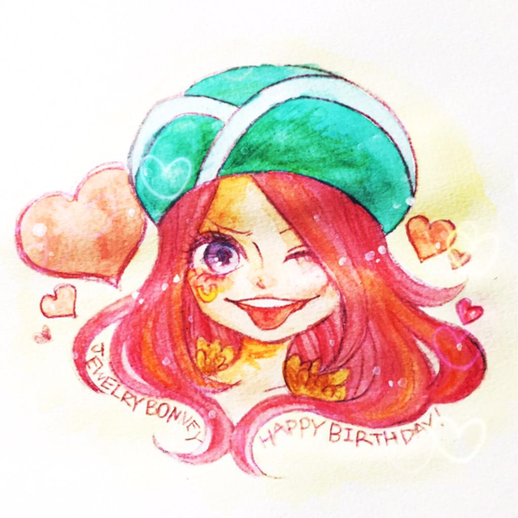 1girl anti-eyebrow_piercing aqua_headwear character_name closed_eyes commentary_request floating_hair fur_collar happy_birthday hat heart jewelry_bonney long_hair looking_to_the_side mrnmikannn one_eye_closed one_piece painting_(medium) pink_hair portrait smile solo tongue tongue_out traditional_media violet_eyes watercolor_(medium)
