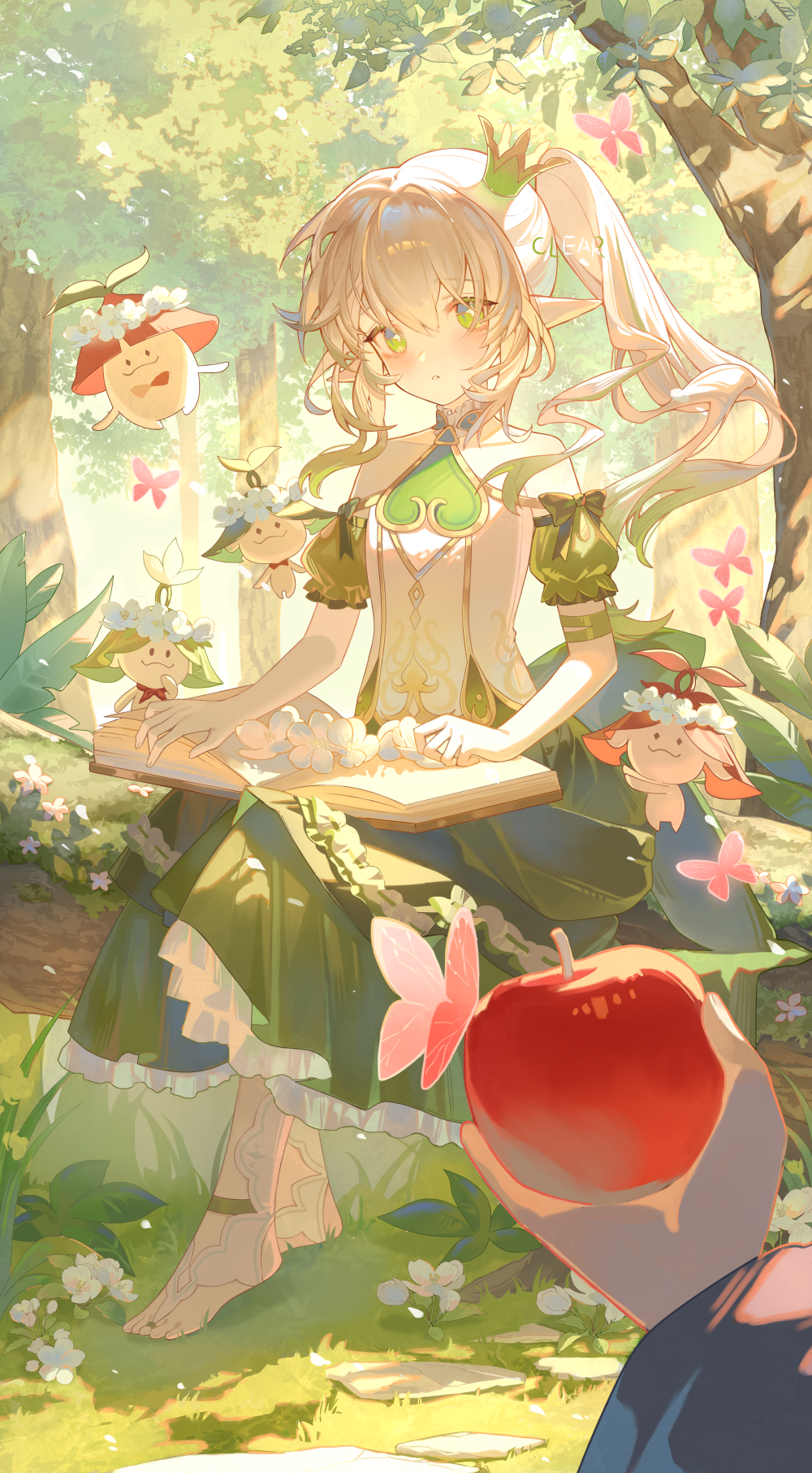 +_+ 1girl apple bare_shoulders blush book clear_regulus collarbone commentary crown dappled_sunlight day detached_sleeves food forest fruit genshin_impact gradient_hair grass green_eyes green_hair green_skirt green_sleeves highres holding holding_book holding_food holding_fruit long_skirt looking_at_viewer mini_crown multicolored_hair nahida_(genshin_impact) nature open_book outdoors petticoat pointy_ears ponytail pov pov_hands shirt short_sleeves sidelocks skirt sleeveless sleeveless_shirt solo_focus stirrup_legwear sunlight toeless_legwear tree white_hair white_shirt