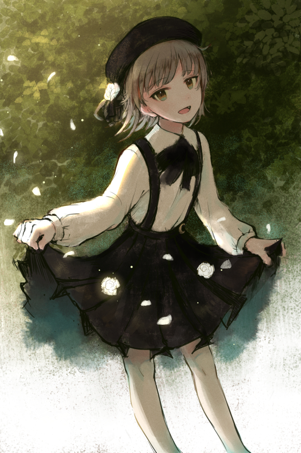 1girl beret black_headwear brown_eyes brown_hair collared_shirt commentary_request falling_petals fang feet_out_of_frame floating_hair flower foliage hat hat_flower hat_ribbon hatoba_tsugu long_sleeves looking_at_viewer neck_ribbon open_mouth pabo pantyhose petals pleated_skirt ribbon rose shirt shirt_tucked_in short_hair single_hair_ring skirt skirt_basket skirt_hold smile solo standing suspender_skirt suspenders tsugu_(vtuber) virtual_youtuber white_flower white_pantyhose white_rose white_shirt