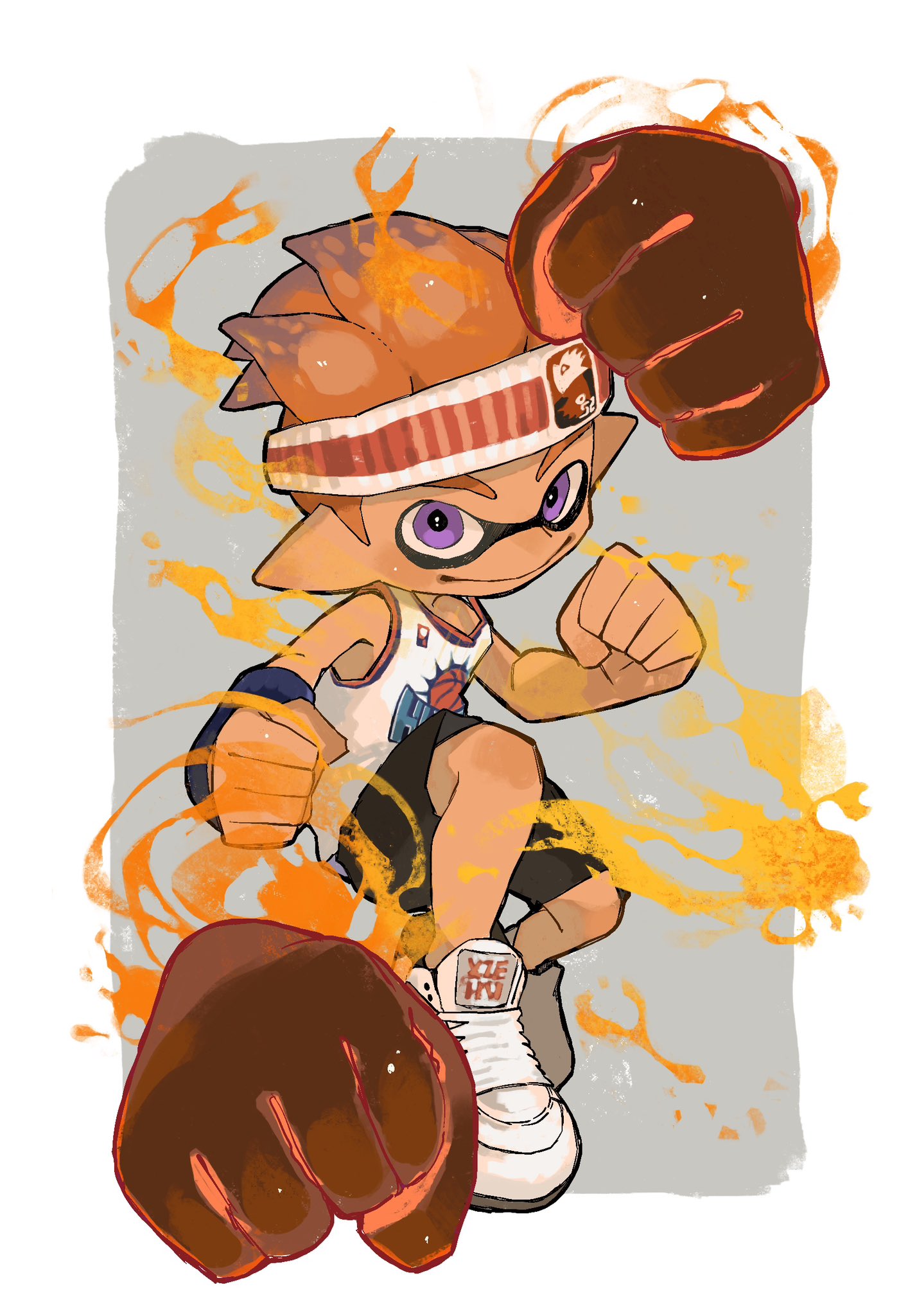 1boy basketball_jersey black_shorts border clenched_hand closed_mouth commentary_request full_body grey_background headband highres inkling inkling_boy inkling_player_character looking_at_viewer male_focus orange_hair outside_border pointy_ears print_shirt sanyu_uuu shirt shoes short_hair shorts simple_background smile solo splatoon_(series) splatoon_3 tentacle_hair triple_splashdown_(splatoon) violet_eyes white_border white_footwear white_headband white_shirt