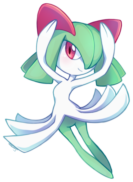 ambunny arms_up artist_name blush colored_skin dancing green_hair hair_over_one_eye kirlia looking_at_viewer multicolored_skin pink_eyes pokemon pokemon_(creature) smile two-tone_skin white_skin