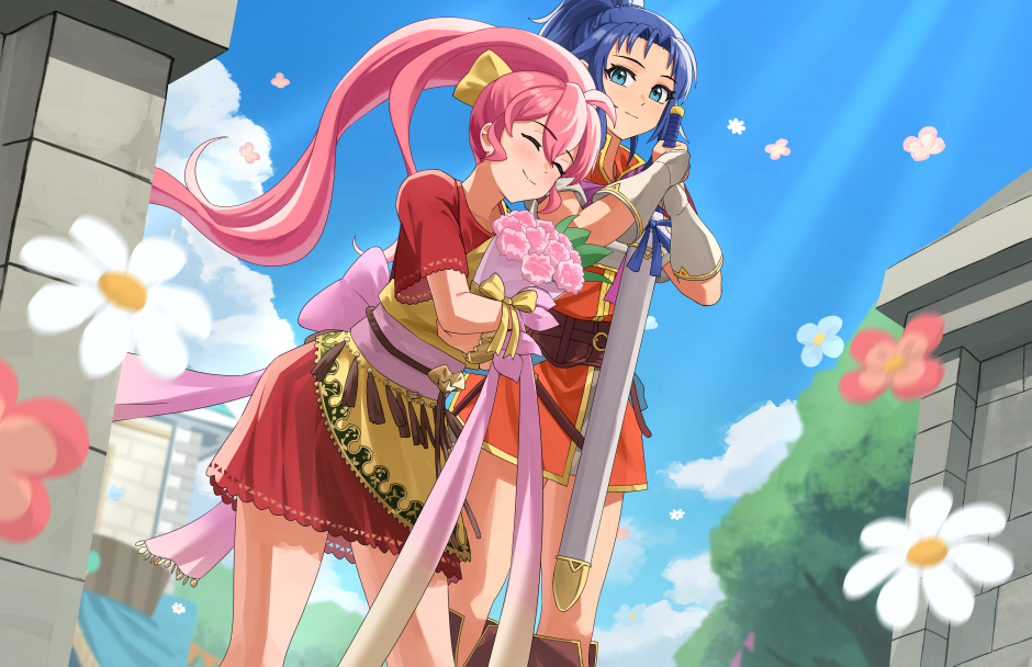 2girls ^_^ blue_eyes blue_hair blue_sky bouquet closed_eyes closed_mouth clouds commentary_request curtained_hair english_commentary fire_emblem fire_emblem:_new_mystery_of_the_emblem flower holding holding_bouquet kris_(female)_(fire_emblem) long_hair mixed-language_commentary multiple_girls outdoors pearlbbbb phina_(fire_emblem) pink_flower pink_hair short_hair sky smile standing