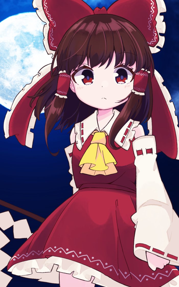 1girl ascot bow brown_hair closed_mouth commentary_request cowboy_shot detached_sleeves frilled_bow frills full_moon gohei hair_bow hair_tubes hakurei_reimu light_frown long_hair long_sleeves looking_at_viewer moon night outdoors red_bow red_eyes red_shirt red_skirt ribbon-trimmed_sleeves ribbon_trim shirt skirt solo touhou wide_sleeves wind yamase yellow_ascot