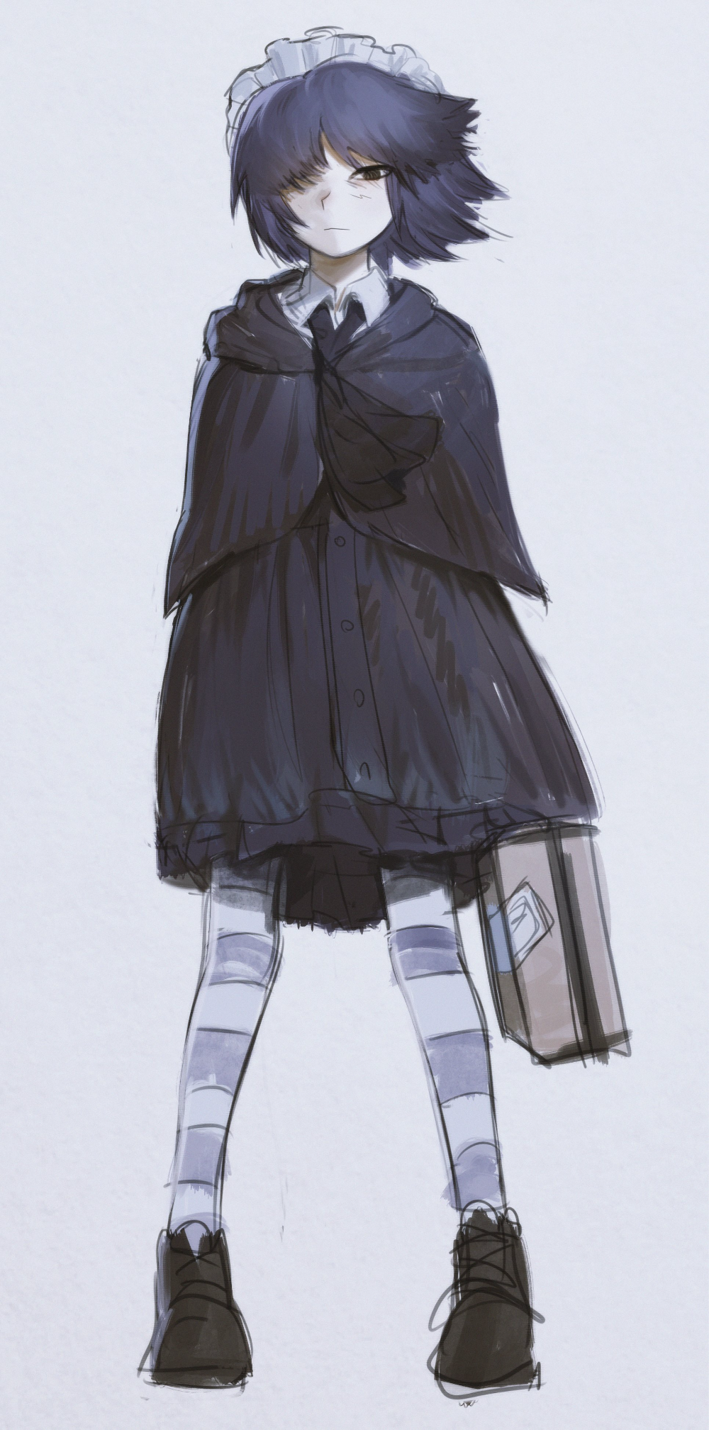 1girl ascot bad_source black_ascot black_capelet black_dress black_eyes black_footwear black_hair blue_hair capelet closed_mouth collared_shirt dress full_body futaba_channel grey_background grintasia hair_over_one_eye highres holding holding_suitcase looking_at_viewer maid_headdress nijiura_maids pantyhose shirt shoes short_hair simple_background sketch solo standing striped_clothes striped_pantyhose suitcase white_shirt yakui yellow_eyes