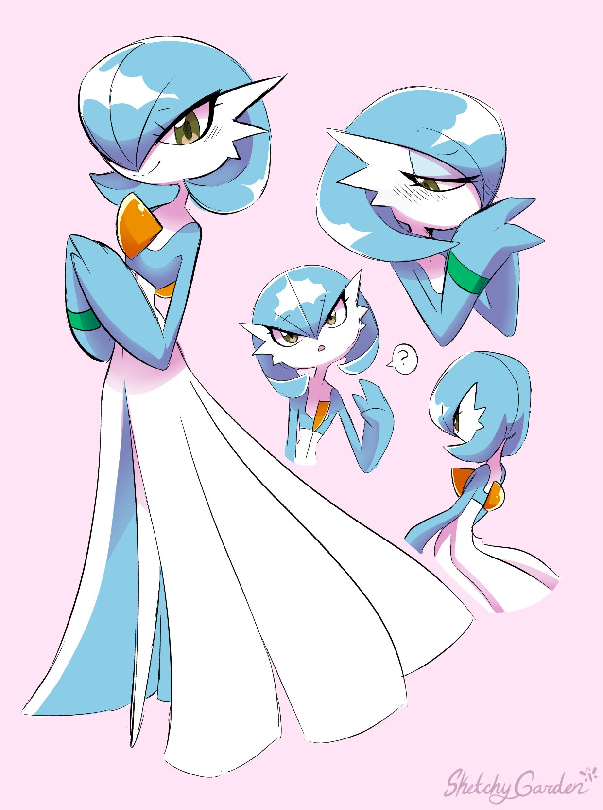 ? alternate_color artist_name blue_hair colored_skin dress gardevoir green_wristband highres looking_at_viewer multicolored_skin multiple_views pink_background pokemon pokemon_(creature) shiny_pokemon simple_background sketchygarden smile two-tone_skin white_dress white_skin wristband