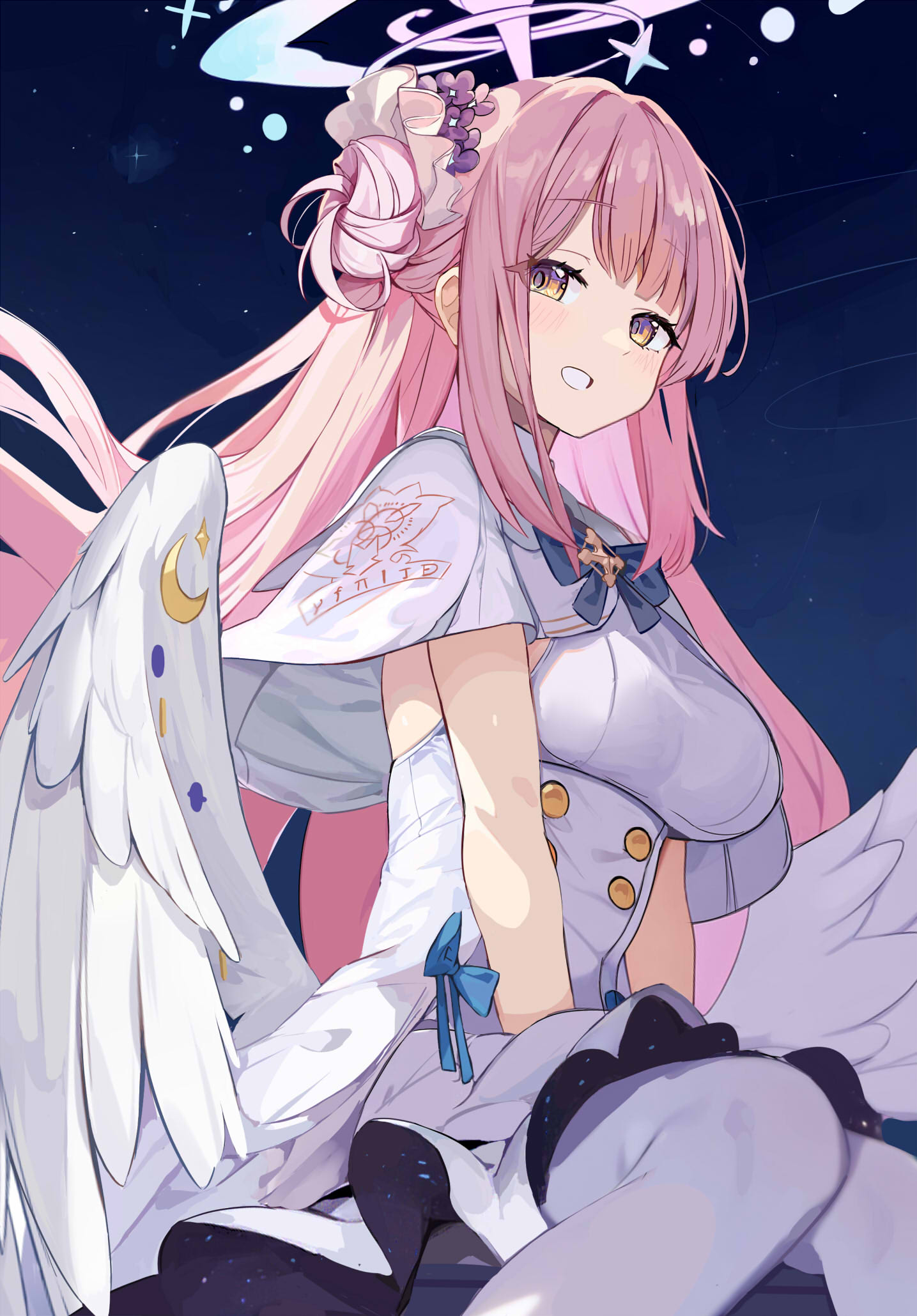 1girl angel_wings blue_archive blush breasts capelet dress feathered_wings feet_out_of_frame flower frilled_dress frills hair_bun hair_flower hair_ornament halo highres long_hair looking_at_viewer medium_breasts mika_(blue_archive) miyakawa106 open_mouth pink_flower pink_hair purple_halo single_side_bun smile solo white_capelet white_dress white_wings wings yellow_eyes
