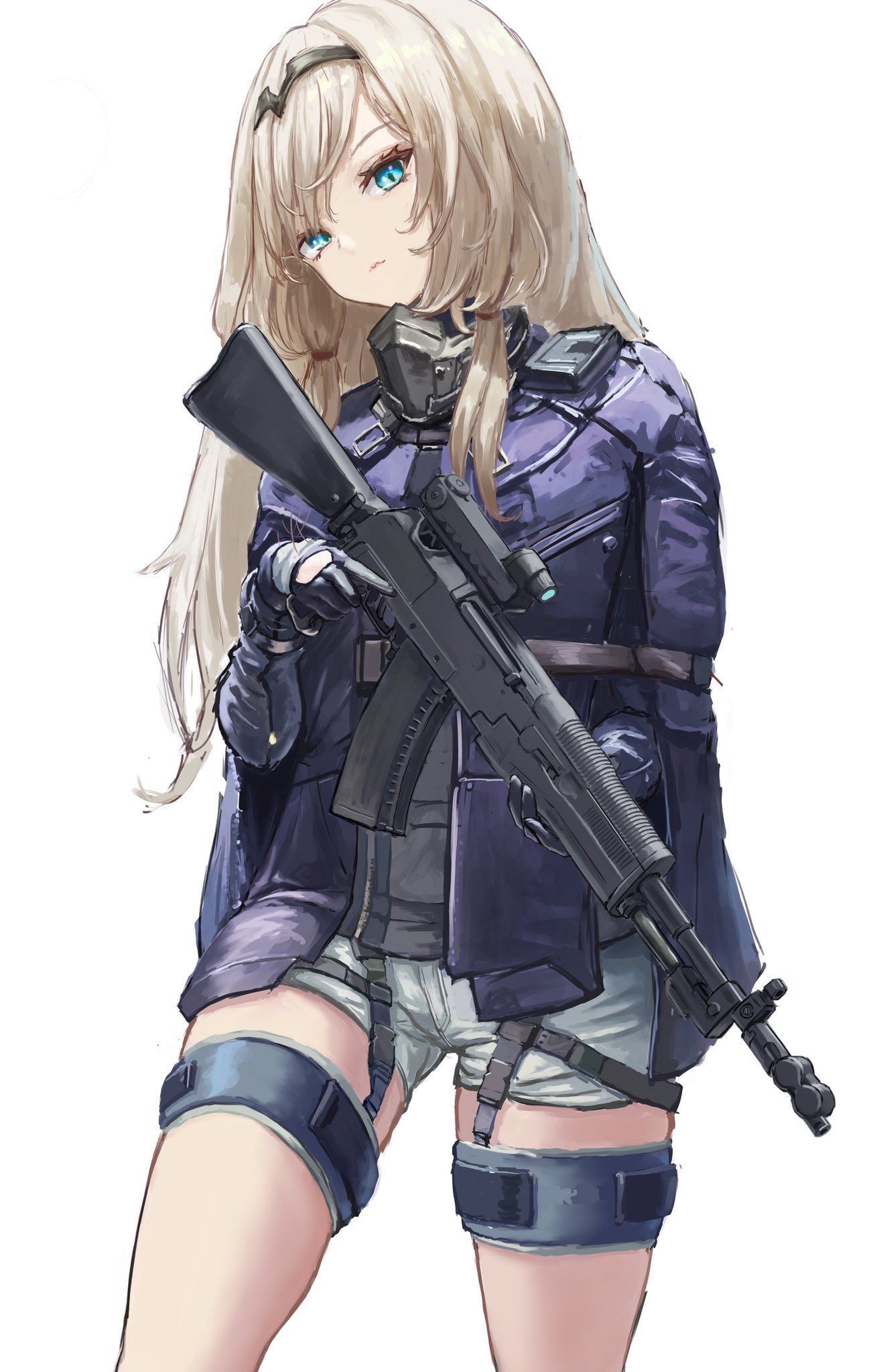 1girl an-94 an-94_(girls'_frontline) assault_rifle black_gloves black_jacket blue_eyes chest_rig closed_mouth denim denim_shorts girls_frontline gloves grey_hair gun hairband head_tilt highres holding holding_gun holding_weapon jacket long_hair long_sleeves looking_at_viewer mask open_clothes open_jacket reflex_sight rifle short_shorts shorts sidelocks simple_background solo tactical_clothes tagoroku123 thigh_strap weapon white_background white_shorts