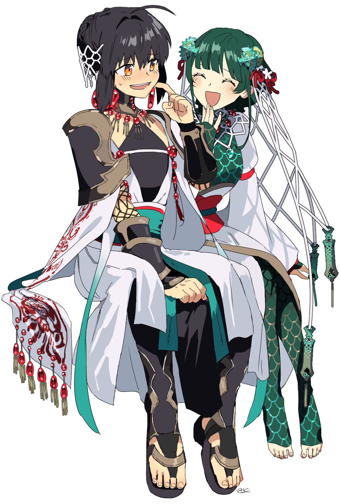 1girl 1other ahoge arm_guards armor barefoot black_hair blunt_bangs blush braid braided_bun braided_hair_rings dress earrings fate/samurai_remnant fate_(series) gem green_hair green_scales hair_bun highres japanese_clothes jewelry magatama magatama_earrings necklace no_shoes official_alternate_costume official_alternate_hairstyle ototachibana-hime_(fate) pirohi_(pirohi214) red_gemstone sandals scale_print shoulder_armor sidelocks simple_background sweat white_background white_dress yamato_takeru_(fate) yellow_eyes