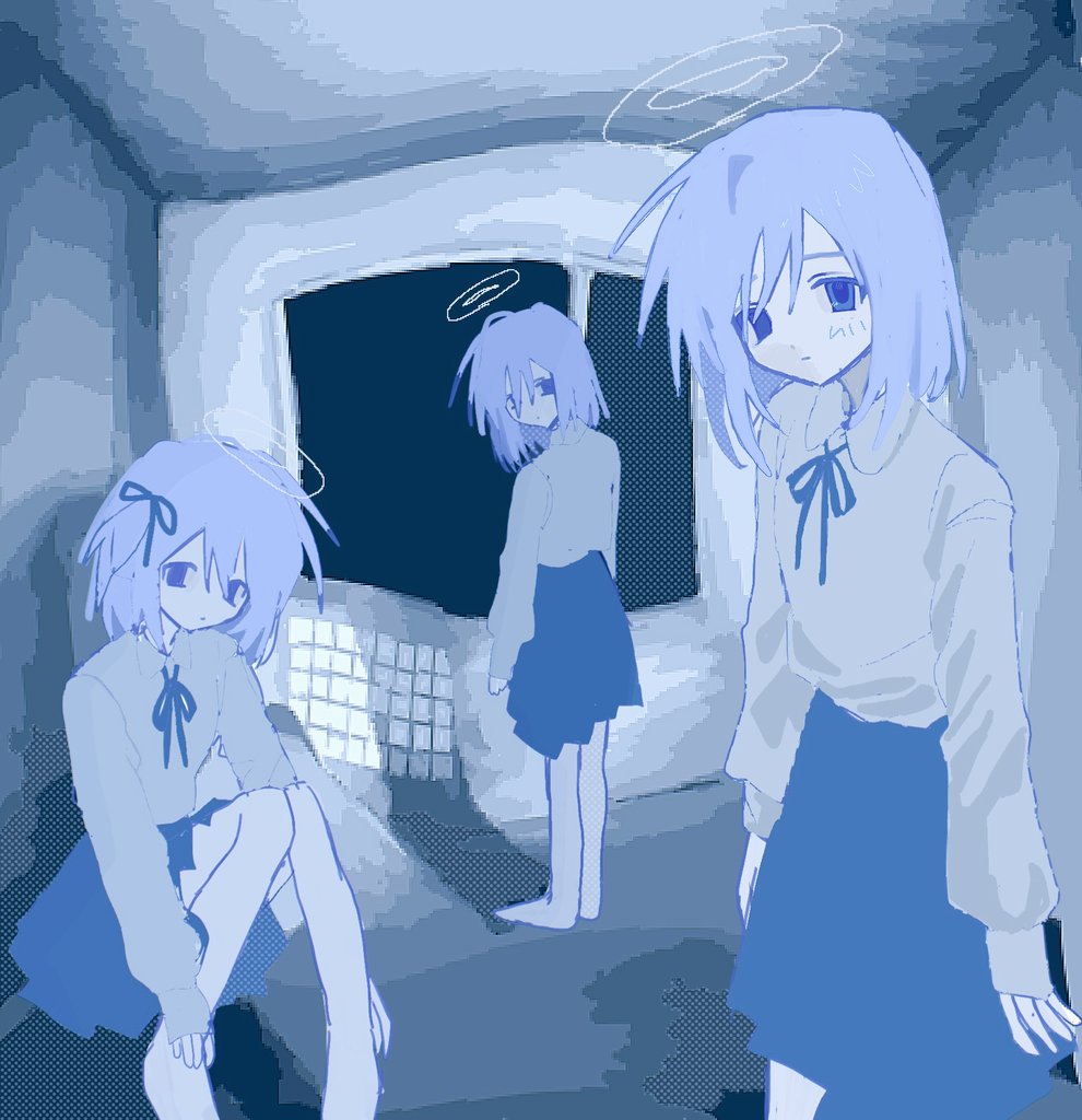 3girls arms_at_sides barefoot blue_eyes blue_hair blue_ribbon blue_skirt blue_theme blush clone closed_mouth collared_shirt distortion dot_nose empty_eyes expressionless feet_out_of_frame from_behind from_side full_body hair_between_eyes hair_ribbon half-closed_eyes halo head_tilt indoors long_sleeves looking_at_viewer looking_back medium_hair meidodown monochrome multiple_girls neck_ribbon nell_(meidodown) one_side_up open_window original pale_skin perspective pleated_skirt ribbon screentones shaded_face shadow shirt shirt_tucked_in sitting skirt sleeves_past_wrists standing transparent_halo window