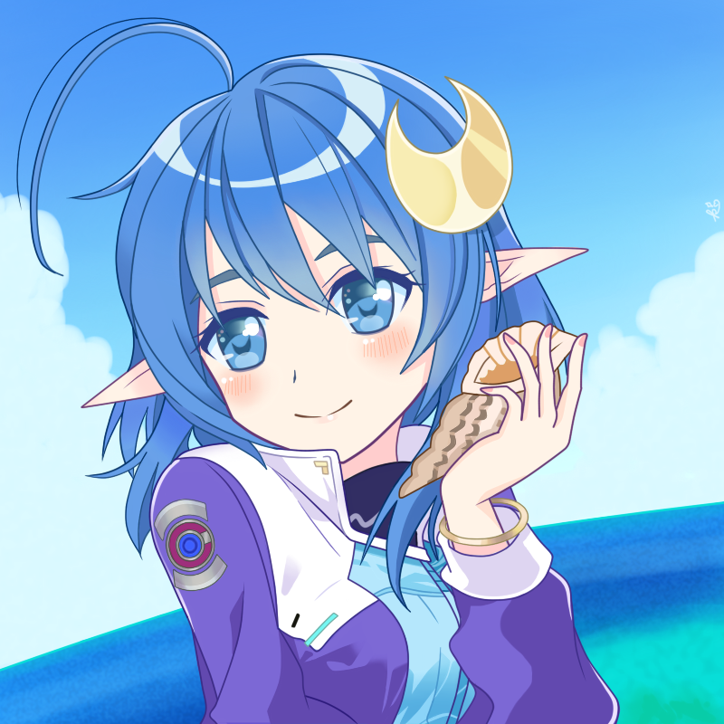 1girl ahoge blue_eyes blush closed_mouth clouds conch crescent crescent_hair_ornament hair_ornament jewelry looking_at_viewer military_uniform ocean pointy_ears rena_lanford sevenfold_fairytale short_hair smile solo star_ocean star_ocean_blue_sphere star_ocean_the_second_story uniform