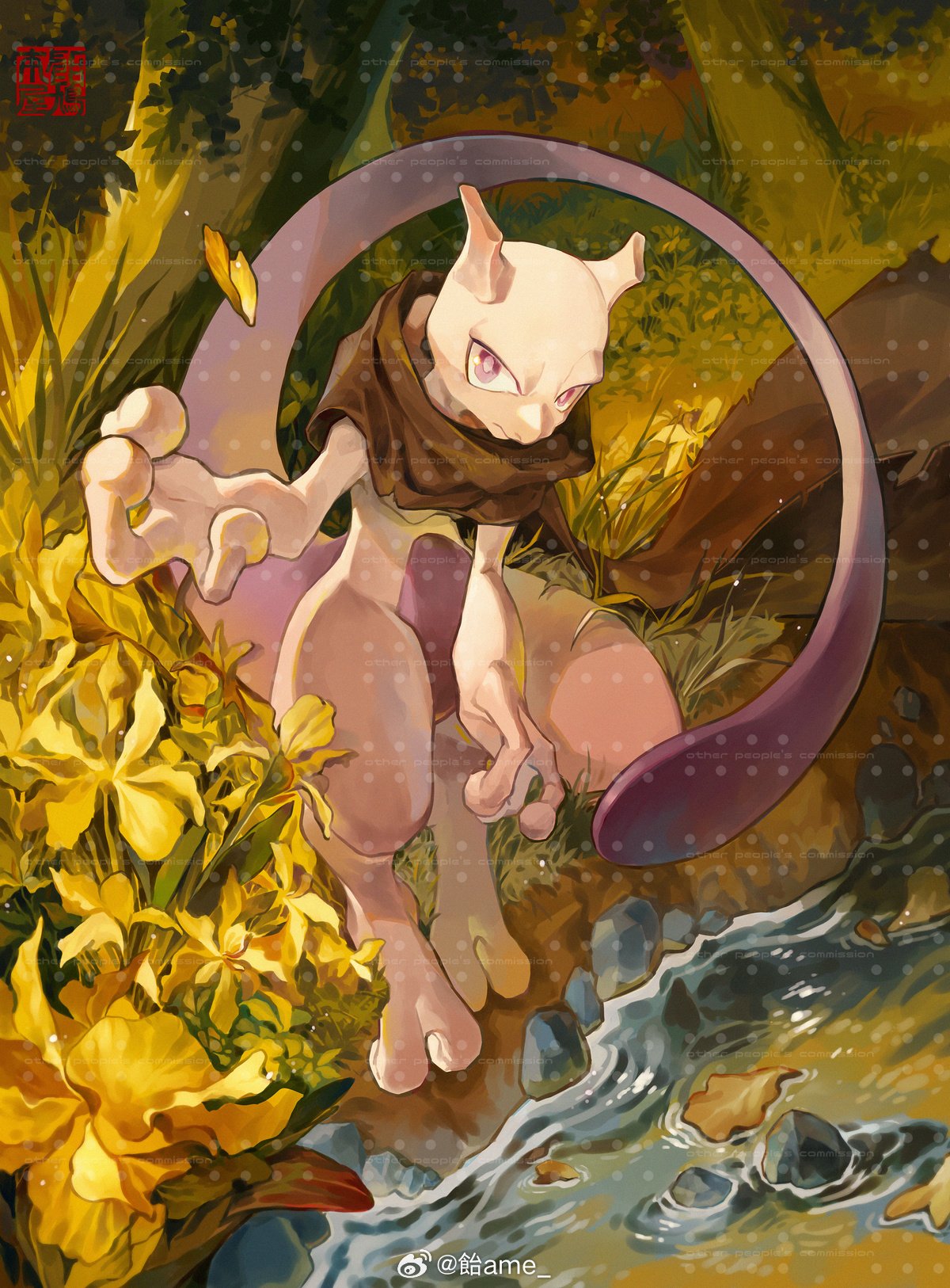 amehatobook brown_cloak cloak commission fewer_digits flower grass highres horns looking_at_viewer mewtwo nature outdoors pokemon pokemon_(creature) purple_tail river sitting tree violet_eyes water watermark