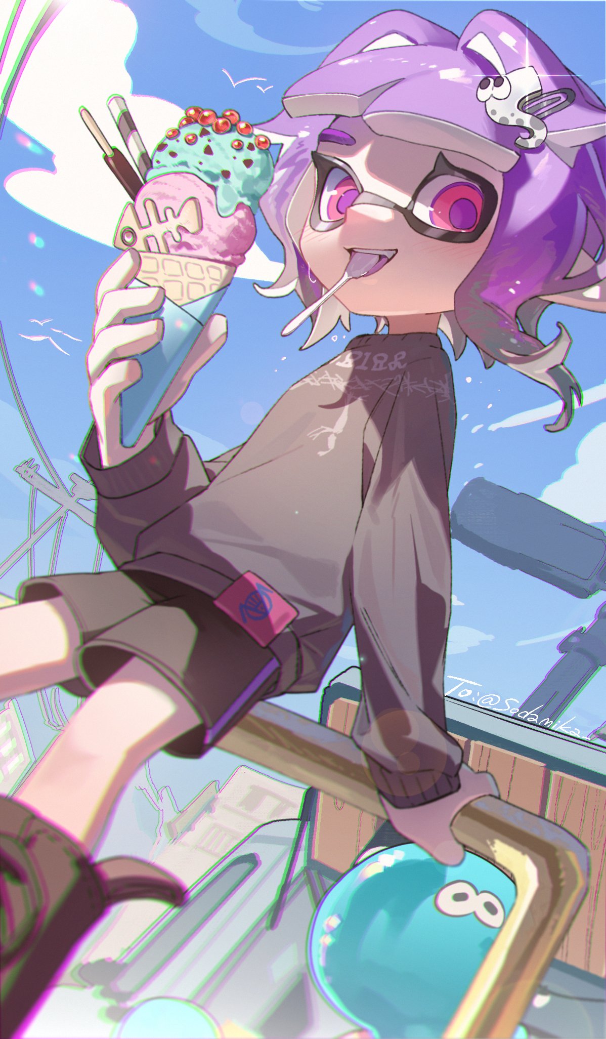 1girl against_railing black_footwear black_shorts black_sweater blue_sky blush clouds cloudy_sky commentary fang food hair_intakes hair_ornament hairclip hand_on_railing highres holding holding_food holding_ice_cream ice_cream ice_cream_cone inkling inkling_girl inkling_player_character jellyfish_(splatoon) looking_at_viewer mouth_hold namazuoku open_mouth outdoors pink_eyes pointy_ears purple_hair purple_pupils railing short_hair shorts sky solo splatoon_(series) splatoon_3 spoon sweater symbol-only_commentary teeth tentacle_hair upper_teeth_only utensil_in_mouth utility_pole
