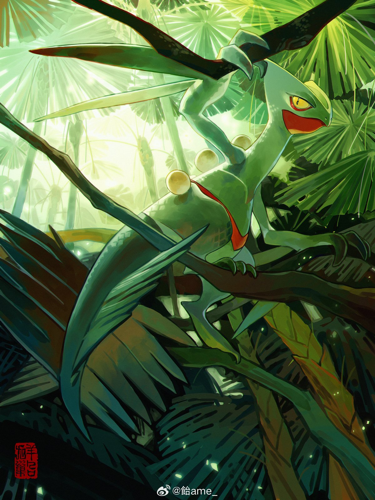 amehatobook claws climbing closed_mouth day from_side highres looking_to_the_side no_humans on_branch outdoors pokemon pokemon_(creature) sceptile solo yellow_eyes