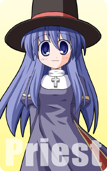 1girl 2000s_(style) arms_behind_back black_headwear blue_dress blue_eyes blue_hair character_name citrusfruits510 closed_mouth cross cross_necklace dress gradient_background hair_between_eyes hat jewelry juliet_sleeves long_hair long_sleeves looking_at_viewer necklace priest_(ragnarok_online) puffy_sleeves ragnarok_online sidelocks smile solo top_hat