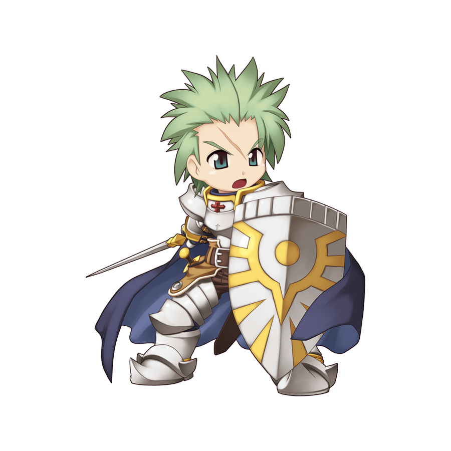 1boy armor armored_boots belt black_belt blue_cape boots breastplate cape chibi cross fighting_stance full_body gauntlets green_eyes green_hair holding holding_shield holding_sword holding_weapon leg_armor looking_afar male_focus official_art open_mouth paladin_(ragnarok_online) pauldrons ragnarok_online scabbard scar scar_on_face sheath shield shoulder_armor simple_background solo spiky_hair standing sword tachi-e transparent_background v weapon yuichirou