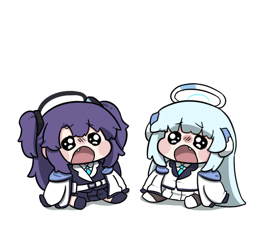 2girls beleullin blue_archive blush chibi chibi_only commentary_request crying crying_with_eyes_open fang halo jacket korean_commentary long_hair multiple_girls noa_(blue_archive) pleated_skirt simple_background sitting skirt straight_hair tears two_side_up very_long_hair white_background white_jacket yuuka_(blue_archive)