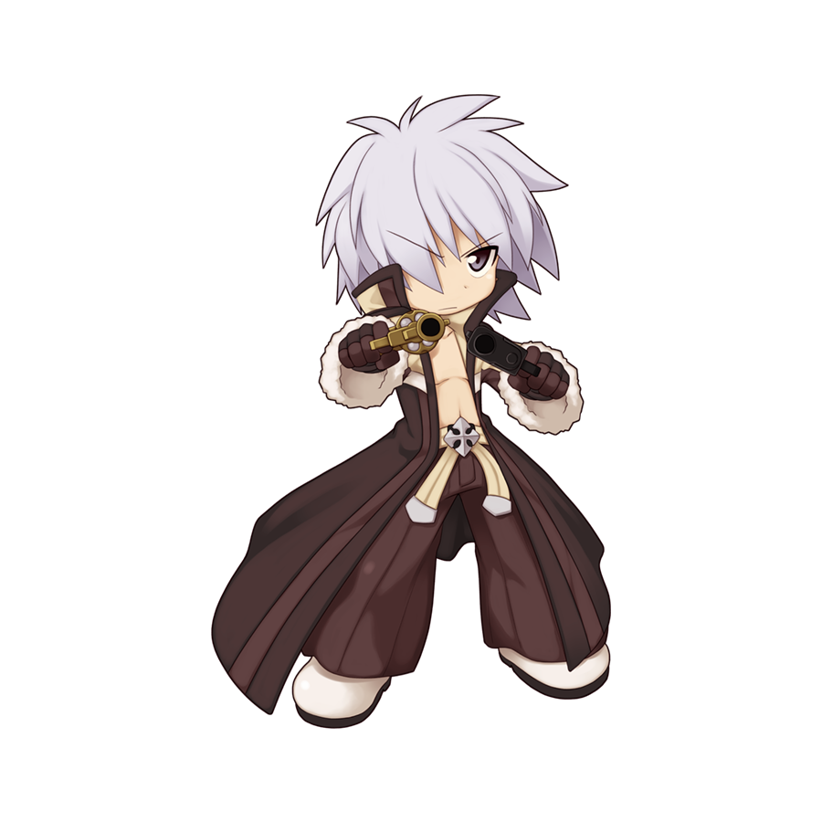 1boy aiming aiming_at_viewer baggy_pants brown_coat brown_gloves brown_pants chibi closed_mouth coat dual_wielding frown full_body fur-trimmed_sleeves fur_trim gloves grey_eyes grey_hair gun gunslinger_(ragnarok_online) hair_between_eyes hair_over_one_eye handgun holding long_bangs looking_at_viewer male_focus official_art pants ragnarok_online shoes short_hair simple_background solo standing tachi-e transparent_background v-shaped_eyebrows weapon white_footwear yuichirou