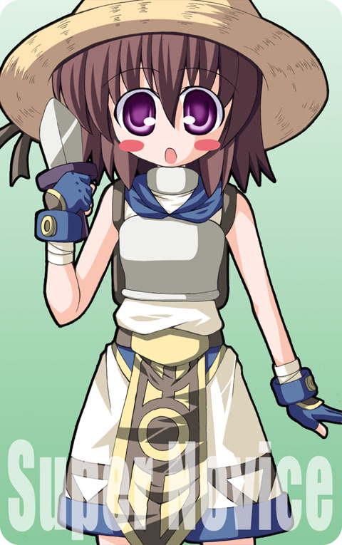 1girl 2000s_(style) :o arm_at_side armor blue_gloves blush_stickers breastplate brown_hair character_name cowboy_shot dagger fingerless_gloves gloves gradient_background hair_between_eyes hand_up hat holding holding_dagger holding_knife holding_weapon kikkawa_(citrus_fruits) knife looking_at_viewer no_nose open_mouth ragnarok_online short_hair solo straight-on straw_hat super_novice_(ragnarok_online) violet_eyes weapon yellow_headwear