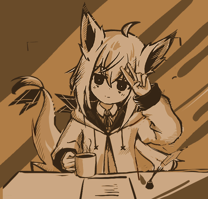 ahoge animal_ears arm_up blush bow bright_pupils brown_theme collared_shirt crossed_bangs cup dot_nose drawstring empty_eyes fox_ears fox_girl fox_tail hair_between_eyes hand_on_own_head hatching holding holding_cup hood hood_down hoodie inkwell long_hair long_sleeves looking_at_viewer monochrome mug neck_ribbon paper quill ribbon sepia shirt smile table tail tail_bow tail_ornament upper_body v white_pupils zhu_(pixiv_36470540)