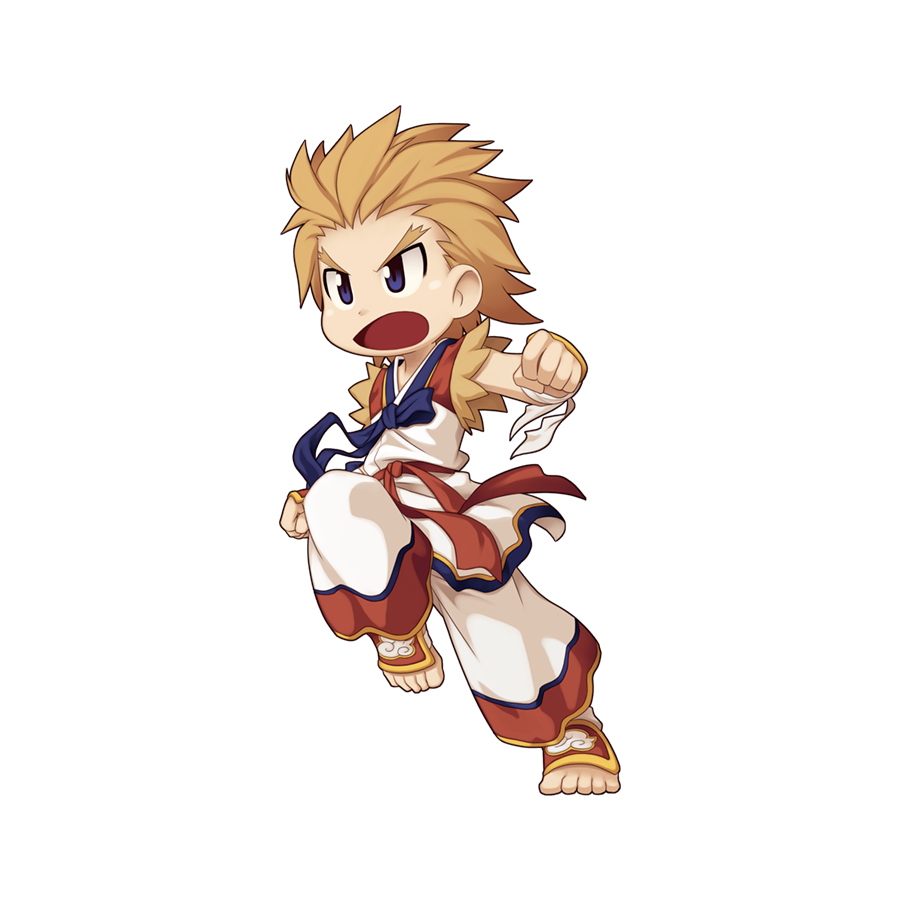 1boy arm_wrap barefoot blue_bow blue_bowtie blue_eyes bow bowtie brown_hair chibi clenched_hands dougi full_body jumping looking_afar male_focus martial_arts medium_hair official_art open_mouth pants ragnarok_online shirt simple_background solo tachi-e taekwon_(ragnarok_online) toes transparent_background v-shaped_eyebrows white_pants white_shirt yuichirou