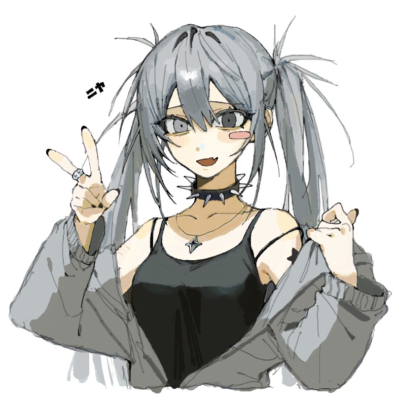 1girl 6kal_a black_collar black_shirt breasts collar fang grey_eyes grey_hair grey_jacket jacket jewelry necklace open_mouth original ring shirt single_blush_sticker skin_fang smile solo spiked_collar spikes twintails upper_body v
