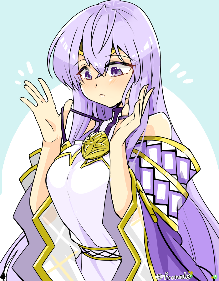 1girl bare_shoulders circlet dress fire_emblem fire_emblem:_genealogy_of_the_holy_war frown hands_up julia_(fire_emblem) long_hair purple_hair simple_background solo violet_eyes wide_sleeves yukia_(firstaid0)