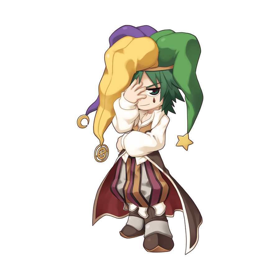 1boy baggy_pants boots brown_cape brown_footwear brown_pants brown_vest cape chibi closed_mouth clown_(ragnarok_online) collared_shirt crescent crescent_hat_ornament facial_tattoo full_body green_eyes green_hair green_headwear hand_over_eye hat hat_ornament jester_cap looking_at_viewer male_focus medium_bangs multicolored_clothes multicolored_headwear official_art pants purple_headwear ragnarok_online red_cape shirt short_hair simple_background smile solo standing star_(symbol) star_hat_ornament tachi-e target tattoo teardrop_tattoo transparent_background two-sided_cape two-sided_fabric vest waist_cape white_shirt yellow_headwear yuichirou