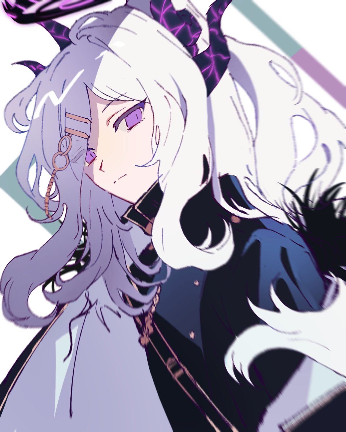 1girl black_jacket blue_archive closed_mouth dutch_angle eyes_visible_through_hair floating_hair hair_ornament hairclip halo highres hina_(blue_archive) hirako_daishougun horns jacket looking_at_viewer solo upper_body violet_eyes white_background white_hair