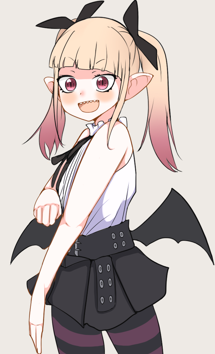 1girl black_skirt blonde_hair blush_stickers eyebrows_hidden_by_hair feet_out_of_frame flat_chest gradient_hair hime-sama_"goumon"_no_jikan_desu himemiya_aisu long_bangs looking_ahead low_wings multicolored_hair pink_eyes pointy_ears sharp_teeth shirt short_twintails simple_background skirt sleeveless sleeveless_shirt slit_pupils smile solo striped_clothes striped_thighhighs teeth thigh-highs twintails vampire vanilla_peschutz white_shirt wings