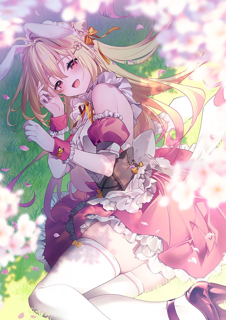 1girl ahoge animal_ears black_footwear blonde_hair blurry blurry_foreground bow bow_legwear cherry_blossoms cone_hair_bun detached_sleeves dress falling_petals fang floating_hair frilled_dress frills hair_between_eyes hair_bow hair_bun hikikomari_kyuuketsuki_no_monmon long_hair looking_at_viewer lying multicolored_hair official_art on_side open_mouth outdoors petals pink_dress pink_hair rabbit_ears red_eyes riichu short_sleeves smile solo terakomari_gandezblood thigh-highs white_thighhighs yellow_bow zettai_ryouiki