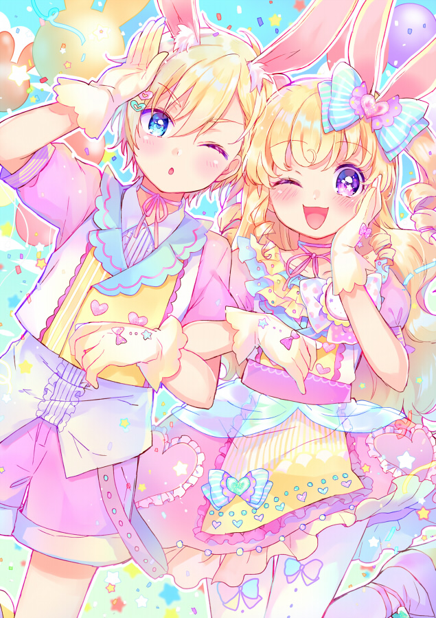 1boy 1girl :d ;d animal_ears blonde_hair blue_bow blue_eyes blue_sky bow brother_and_sister collared_shirt commentary_request confetti dress easter fake_animal_ears gloves hair_bow hand_on_own_cheek hand_on_own_face hand_up idol_clothes idol_time_pripara jacket locked_arms long_hair looking_at_viewer one_eye_closed open_mouth pantyhose pink_dress pink_jacket pink_shorts pretty_series pripara rabbit_balloon rabbit_ears shirt short_hair shorts siblings sky smile standing star_(symbol) touyama_soboro two_side_up violet_eyes white_shirt yellow_gloves yumekawa_shogo yumekawa_yui