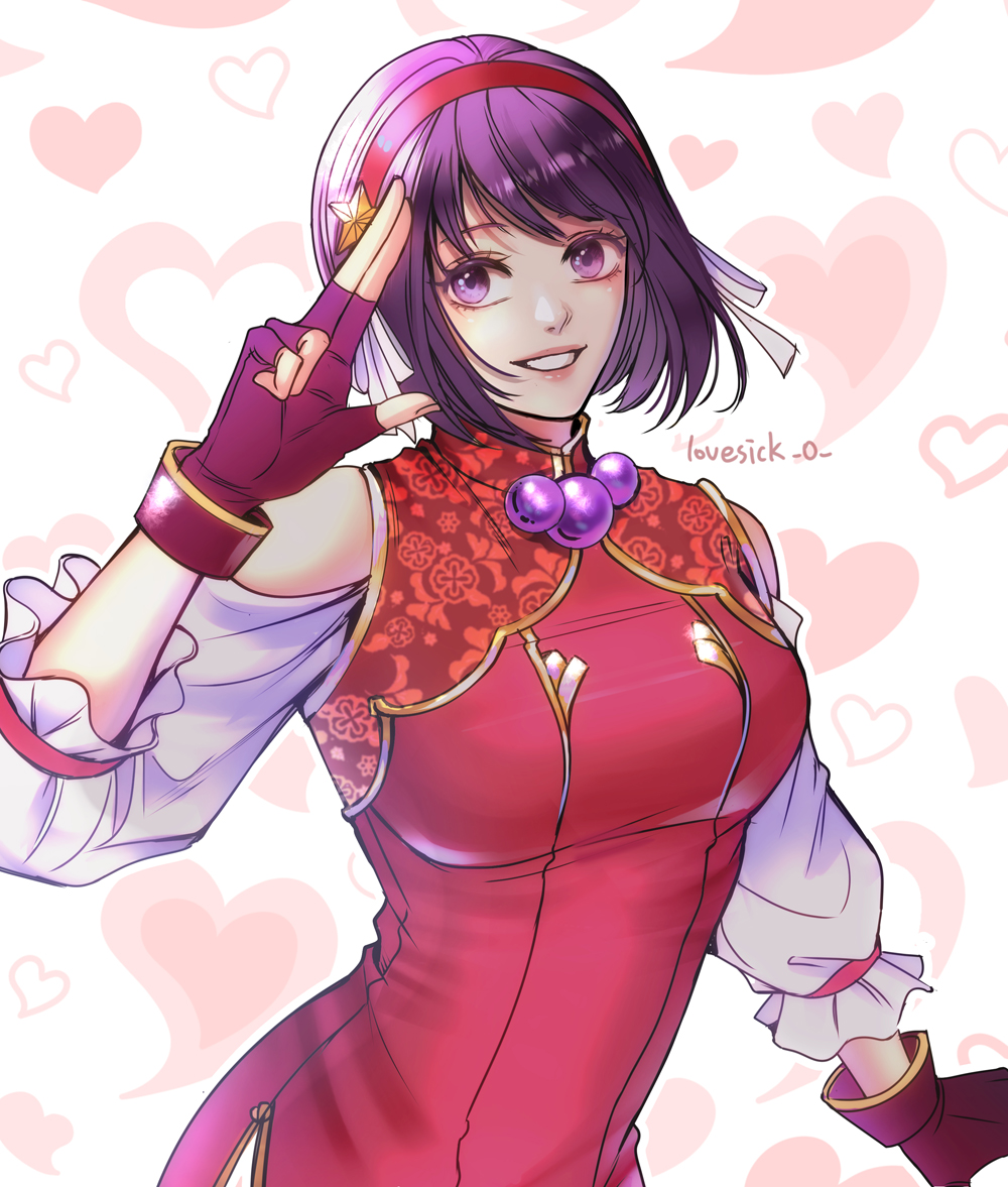 1girl asamiya_athena china_dress chinese_clothes closed_eyes clothing_cutout dress fingerless_gloves gloves hair_ornament hairband idol jewelry lovesick_0 necklace purple_hair red_dress red_hairband salute short_hair shoulder_cutout star_(symbol) star_hair_ornament the_king_of_fighters the_king_of_fighters_xv violet_eyes