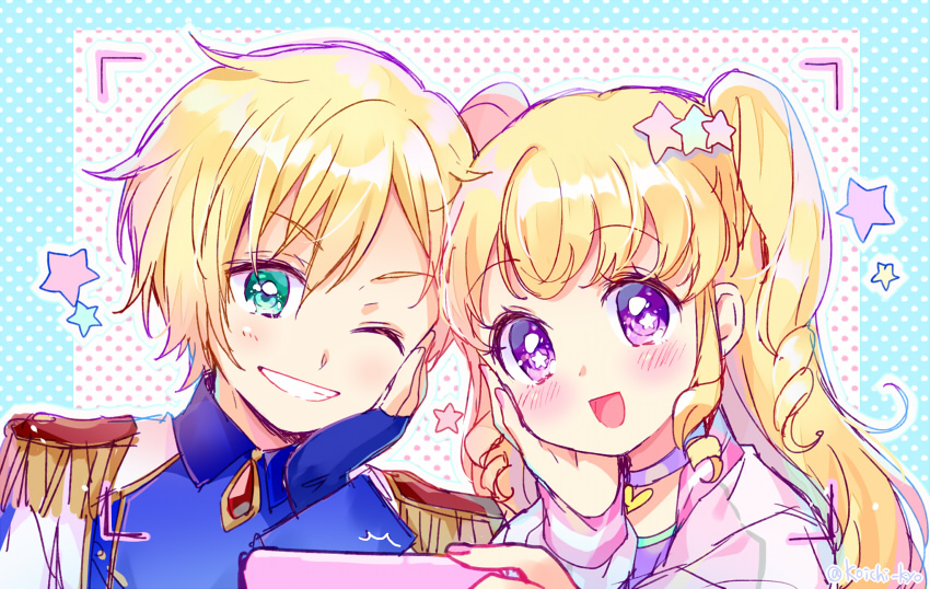 1boy 1girl :d ;d blonde_hair blue_eyes blue_gloves blue_jacket blush brother_and_sister choker commentary_request epaulettes gloves grin hair_ornament hand_on_own_cheek hand_on_own_face hand_up holding holding_phone idol_clothes idol_time_pripara jacket long_hair long_sleeves looking_at_viewer one_eye_closed open_mouth phone pink_jacket pretty_series pripara purple_choker short_hair siblings smile star_(symbol) star_hair_ornament taking_picture touyama_soboro two_side_up upper_body viewfinder violet_eyes yumekawa_shogo yumekawa_yui