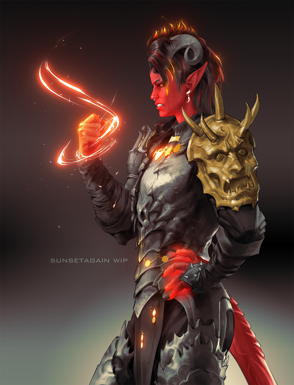 1girl armor artist_name baldur's_gate baldur's_gate_3 black_hair black_horns breastplate clenched_hand colored_skin demon_girl demon_horns demon_tail dungeons_&amp;_dragons from_side gradient_background grin hand_on_own_hip hand_up highres horns karlach long_hair profile red_skin redhead shoulder_plates smile solo sunsetagain tail teeth unfinished