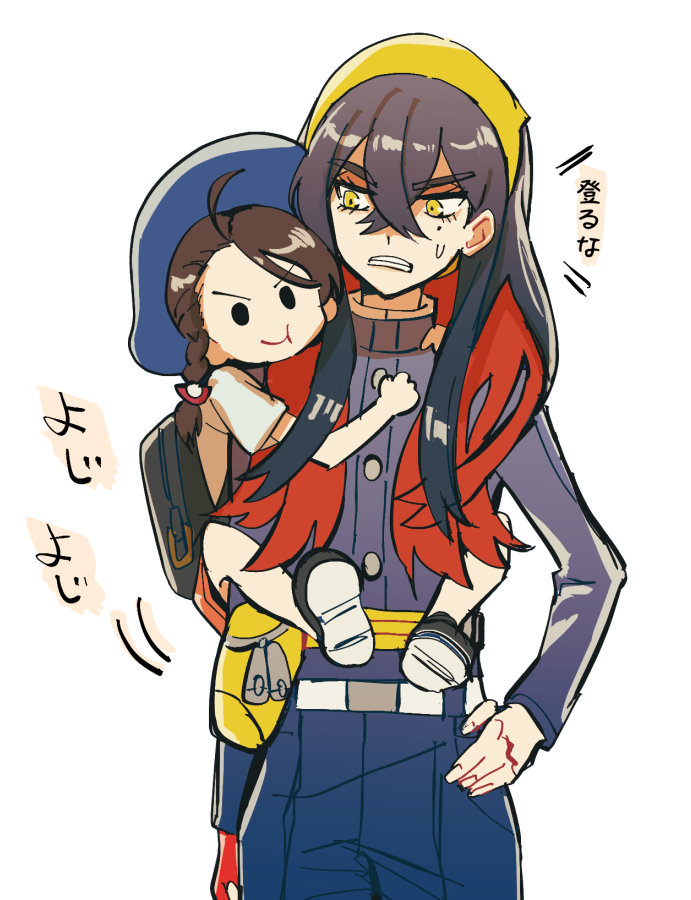 2girls :t ahoge backpack bag belt belt_buckle black_hair blue_headwear braid buckle buttons carmine_(pokemon) clenched_teeth closed_mouth commentary_request crossed_bangs gloves hair_between_eyes hairband hand_on_own_hip hat hyaku_ae_mon jacket juliana_(pokemon) long_hair mole mole_under_eye multiple_girls orange_shorts pants partially_fingerless_gloves pokemon pokemon_sv red_gloves shirt shoes short_sleeves shorts single_glove smile solid_oval_eyes sweatdrop teeth translation_request white_background white_belt yellow_eyes yellow_hairband