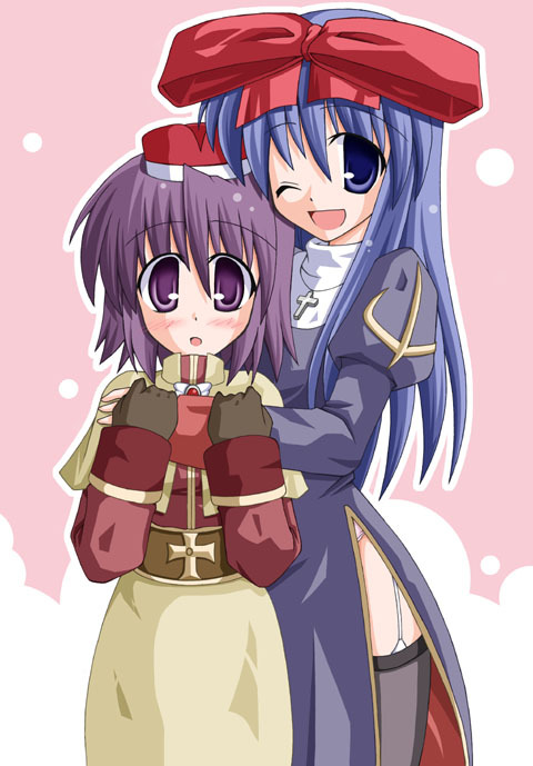 2000s_(style) 2girls :o ;d acolyte_(ragnarok_online) black_thighhighs blue_dress blue_eyes blue_hair blush bow brooch brown_gloves capelet citrusfruits510 cross cross_necklace dress garter_straps gem gloves hair_between_eyes hair_bow hands_on_another's_arm hands_up hug jewelry juliet_sleeves long_hair long_sleeves multiple_girls necklace one_eye_closed open_mouth outline panties panty_peek pink_background pink_panties priest_(ragnarok_online) puffy_sleeves purple_hair ragnarok_online raised_eyebrow red_bow red_gemstone red_shirt shirt short_hair side_slit skirt sleeve_cuffs smile thigh-highs two-tone_background underwear violet_eyes white_background white_outline