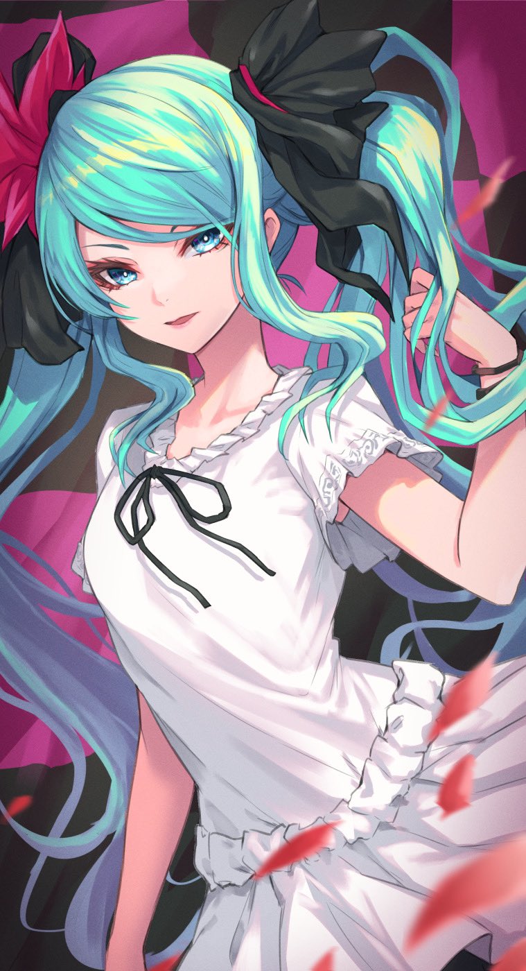 1girl :d arm_at_side black_bow black_ribbon blue_eyes blue_hair bow bracelet checkered_background collarbone cowboy_shot falling_petals hair_bow hand_up hatsune_miku highres jewelry long_hair looking_at_viewer miniskirt neck_ribbon open_mouth petals pleated_skirt re_(re_09) red_bow ribbon shirt short_sleeves sidelocks skirt smile solo swept_bangs twintails very_long_hair vocaloid white_shirt white_skirt world_is_mine_(vocaloid)