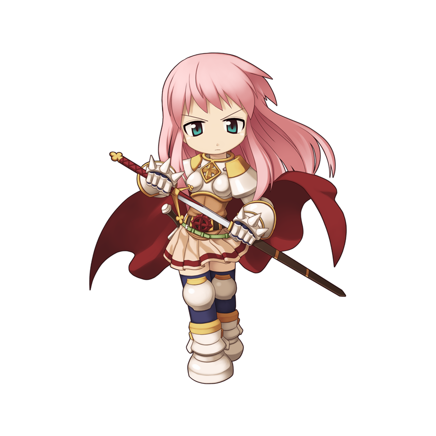 1girl armor belt black_thighhighs boobplate brown_belt cape chibi claymore_(sword) closed_mouth cross cross_of_prontera drawing_sword frown full_body gauntlets green_eyes holding holding_sword holding_weapon long_hair looking_at_viewer lord_knight_(ragnarok_online) miniskirt mole official_art over-kneehighs pauldrons pink_hair pink_skirt ragnarok_online red_cape short_bangs shoulder_armor simple_background skirt solo spiked_gauntlets standing sword tachi-e thigh-highs transparent_background v weapon yuichirou