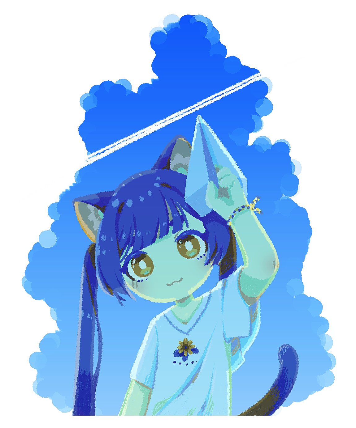 1girl :3 animal_ears arm_at_side arm_up blue_hair blue_sky blue_tail bright_pupils cat_ears cat_girl cat_tail closed_mouth commentary_request contrail day floral_print highres holding_paper_airplane long_hair original piyoko9494 shirt sky smile solo t-shirt tail twintails upper_body very_long_hair white_pupils white_shirt wristband yellow_eyes