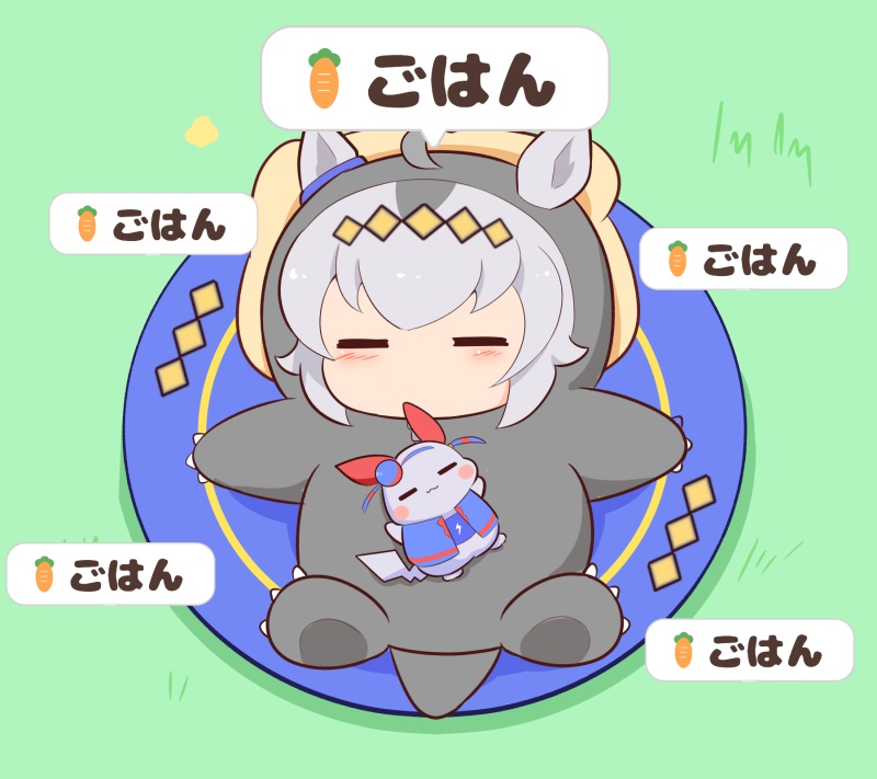 :3 ahoge blue_hairband blue_jacket blush_stickers character_request check_character chibi closed_eyes ears_through_headwear facing_viewer gomashio_(goma_feet) grass grey_hair hairband hood hood_up jacket lying multicolored_hair oguri_cap_(umamusume) on_back open_clothes open_jacket outstretched_arms pikachu pokemon spread_arms tamamo_cross_(umamusume) translation_request two-tone_hair umamusume