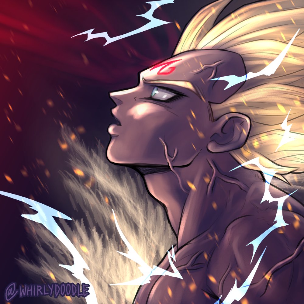 1boy aura bare_shoulders black_eyeliner blonde_hair blue_eyes commentary dragon_ball dragon_ball_z electricity eyeliner facial_mark forehead_mark from_side looking_up majin_vegeta makeup male_focus muscular muscular_male open_mouth pectorals profile solo super_saiyan twitter_username vegeta veins whirlydoodle