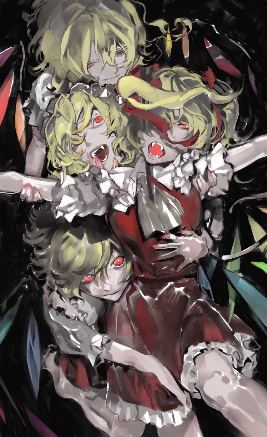 4girls arm_between_legs ascot blonde_hair clone crystal crystal_wings curly_hair expressionless fangs flandre_scarlet four_of_a_kind_(touhou) frilled_hat frilled_skirt frills grabbing_another's_arm hair_between_eyes hat hat_ribbon head_tilt highres hug hug_from_behind light_smile looking_at_viewer mob_cap multicolored_wings multiple_girls multiple_persona one_side_up open_mouth puffy_short_sleeves puffy_sleeves red_eyes red_ribbon red_shirt red_skirt red_vest ribbon shirt short_hair short_sleeves side_ponytail skirt skirt_set swept_bangs touhou ue_toono_(atano) vampire vest wings yellow_ascot