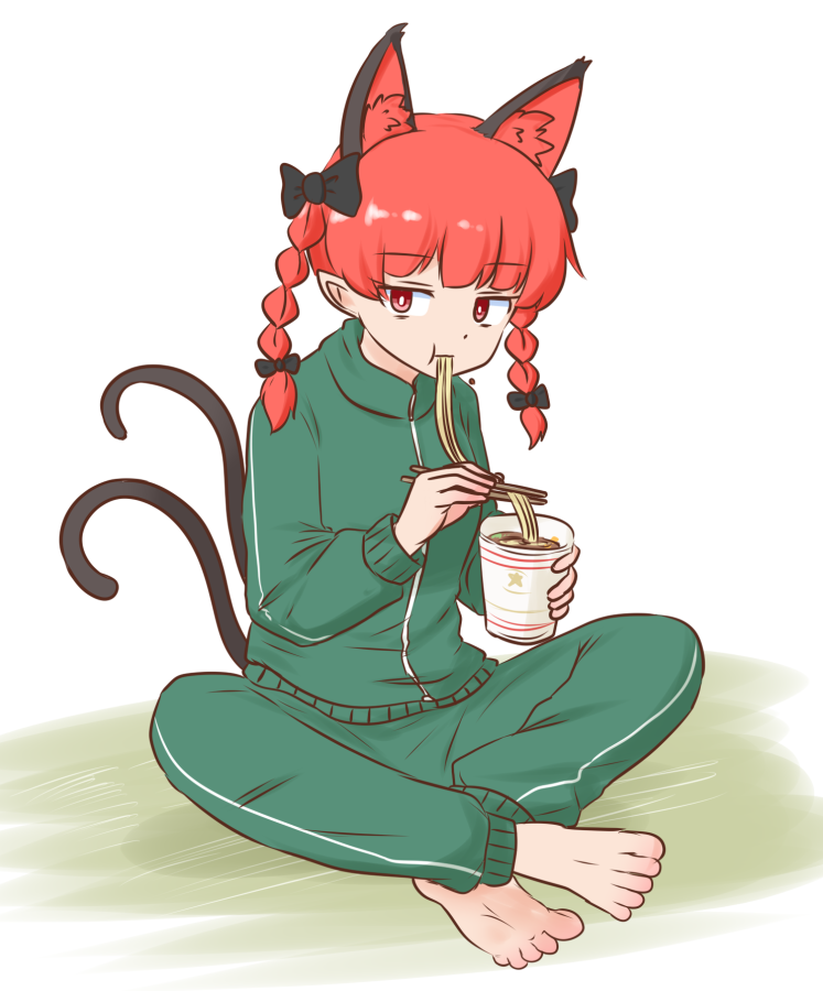 1girl alternate_costume animal_ears barefoot braid cat_ears cat_girl cat_tail commentary_request commission eating extra_ears full_body green_jacket green_pants gym_uniform indian_style jacket kaenbyou_rin mizusoba multiple_tails nekomata pants pointy_ears ramen red_eyes side_braids sitting skeb_commission solo tail touhou twin_braids two_tails white_background