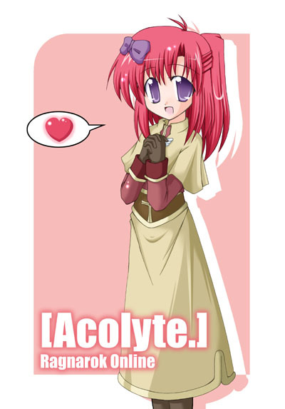 1girl 2000s_(style) :d acolyte_(ragnarok_online) antenna_hair bow brown_footwear brown_gloves capelet character_name citrusfruits510 copyright_name drop_shadow gloves hair_bow hair_intakes half_updo hands_up heart interlocked_fingers long_hair long_skirt long_sleeves looking_at_viewer open_mouth own_hands_clasped own_hands_together purple_bow ragnarok_online red_shirt redhead shirt skirt sleeve_cuffs smile solo speech_bubble spoken_heart standing violet_eyes