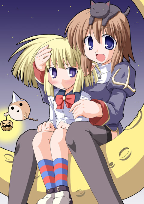 2000s_(style) 2girls :d animal_on_head black_cat black_thighhighs blonde_hair blue_dress blue_eyes bow bowtie cat cat_on_head closed_mouth crescent_moon dress fangs hair_between_eyes hand_on_another's_arm hand_on_another's_head juliet_sleeves kikkawa_(citrus_fruits) loli_ruri long_sleeves lude_(ragnarok_online) moon multiple_girls on_head open_mouth pointy_ears priest_(ragnarok_online) puffy_sleeves ragnarok_online red_bow red_bowtie short_hair sitting sleeve_cuffs slit_pupils smile socks star_(sky) striped_clothes striped_socks thigh-highs violet_eyes zettai_ryouiki
