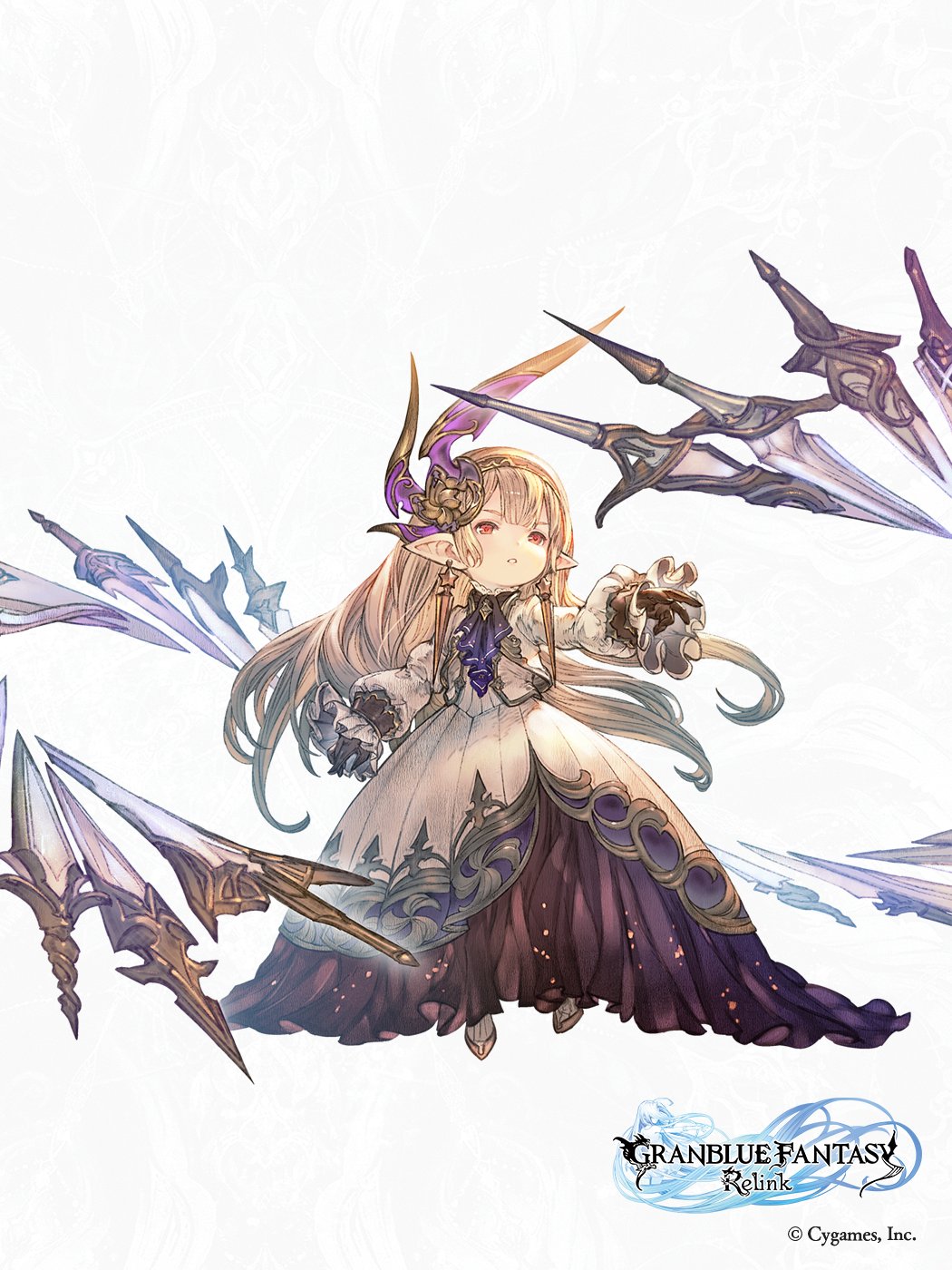 1girl ascot black_gloves black_hairband brown_hair copyright_name dress earrings flying_sword full_body gloves granblue_fantasy granblue_fantasy:_relink hairband highres jewelry logo long_hair maglielle_(granblue_fantasy:_relink) minaba_hideo multiple_weapons pointy_ears purple_ascot red_eyes solo solo_focus white_background white_dress