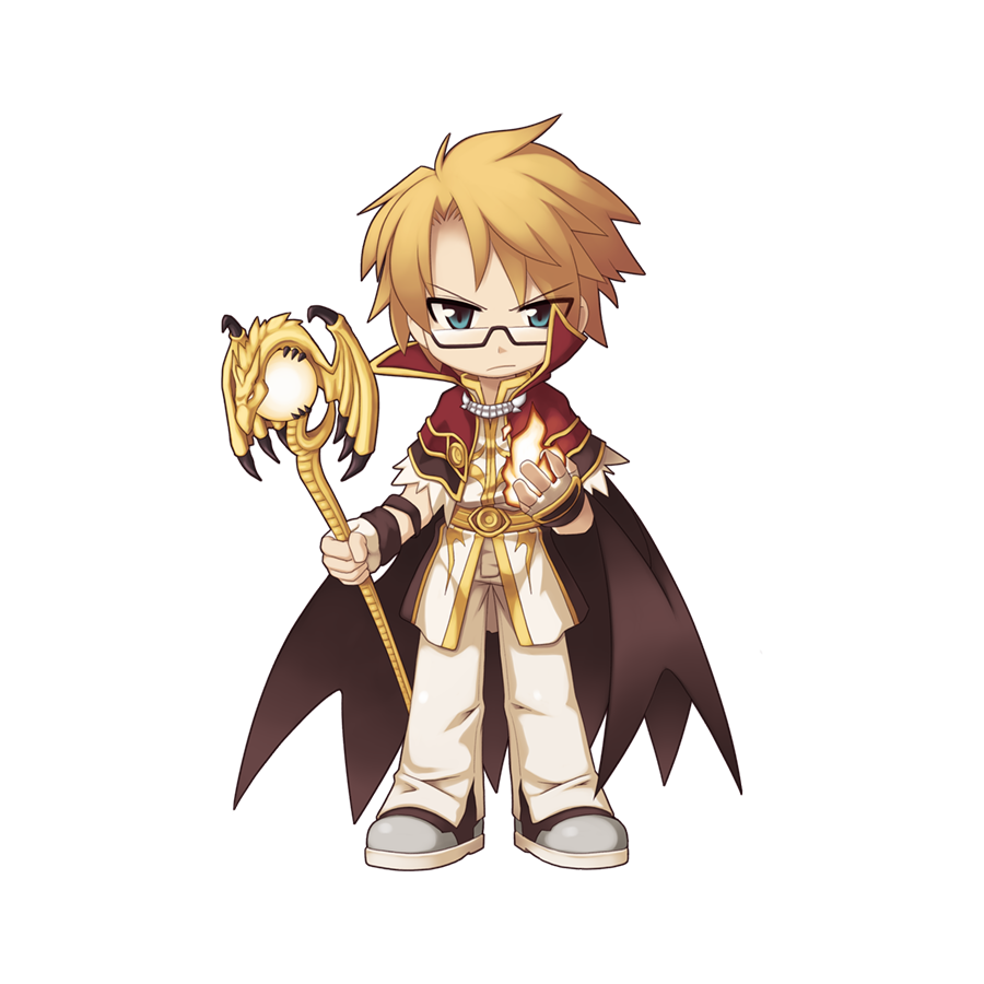 1boy black-framed_eyewear blonde_hair blue_eyes brown_wings capelet chibi closed_mouth fingerless_gloves fire frown full_body fur-trimmed_capelet fur_trim glasses gloves high_collar high_wizard_(ragnarok_online) holding holding_staff looking_at_viewer magic male_focus medium_bangs official_art pants parted_bangs pyrokinesis ragnarok_online red_capelet semi-rimless_eyewear shirt shoes short_hair simple_background solo staff standing tachi-e transparent_background under-rim_eyewear v white_footwear white_gloves white_pants white_shirt wings yuichirou