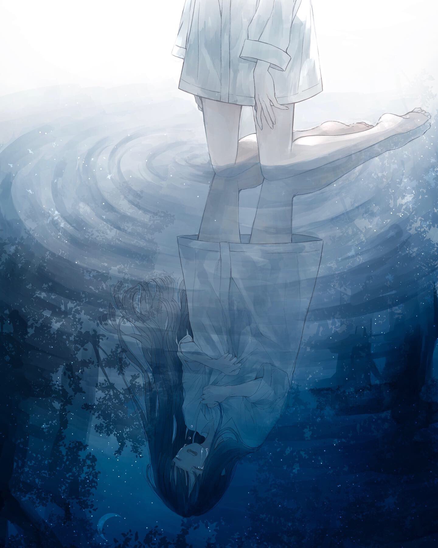1girl bare_legs barefoot black_hair closed_eyes crescent_moon crying different_reflection highres kneeling long_hair long_sleeves moon night night_sky open_mouth original outdoors reflection reflective_water ripples shirt sky solo star_(sky) starry_sky tears tree utaha_uta water white_shirt